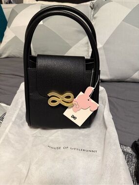 House of Littlebunny Black Mini Leather Top-Handle Bag with Gold Accent
